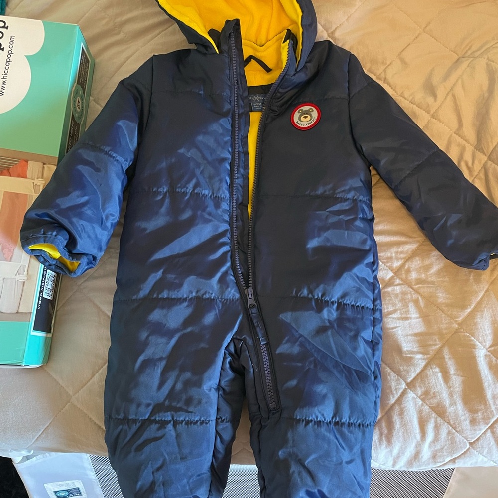 9-12 month winter/snow suit in Navy with Yellow inner fleece lining